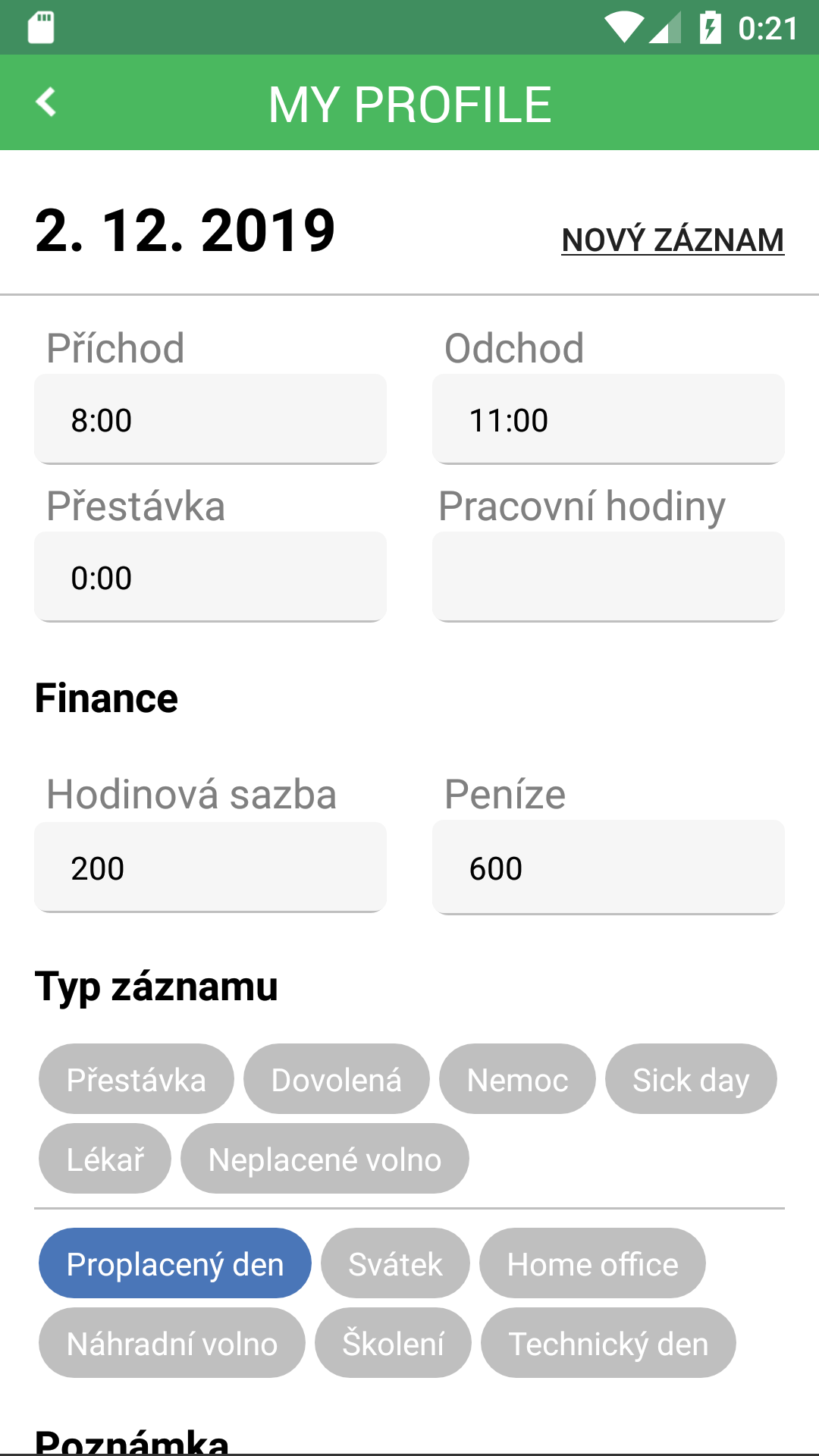 Working Timer profile settings