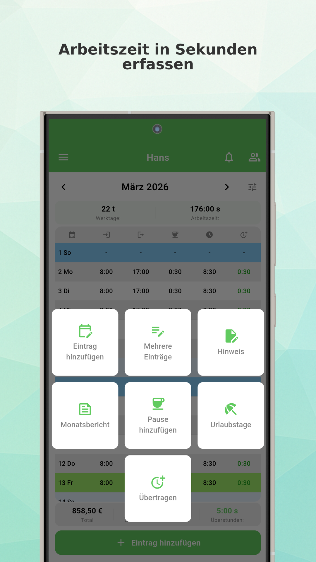 Working Timer app menu
