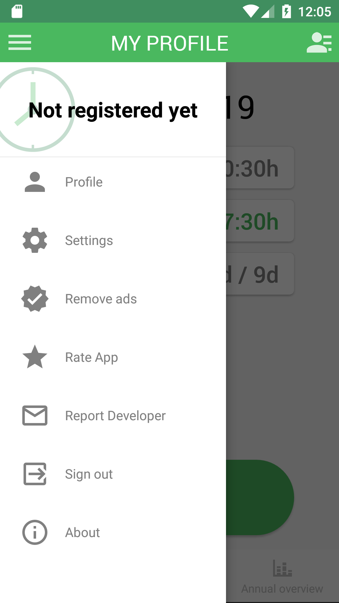 Working Timer app menu