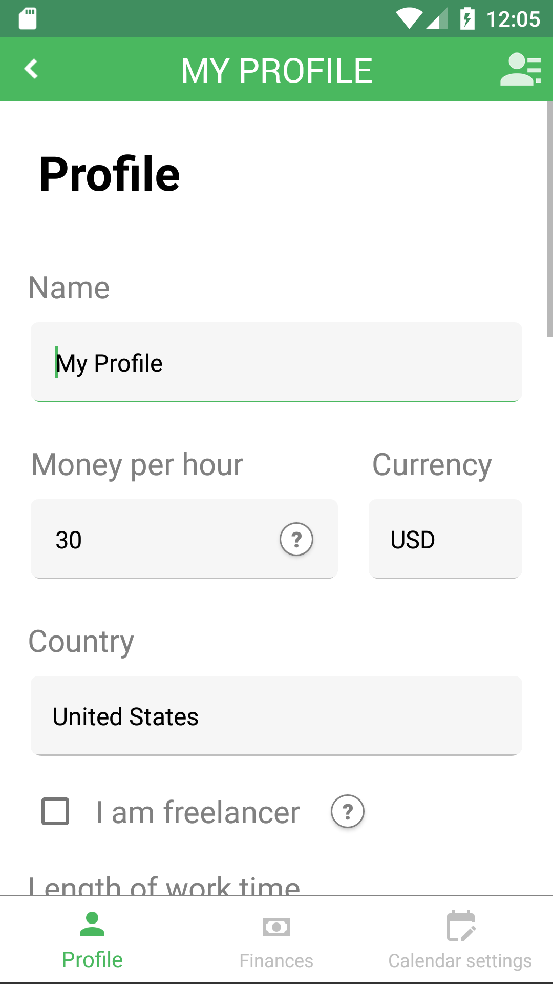 Working Timer profile settings