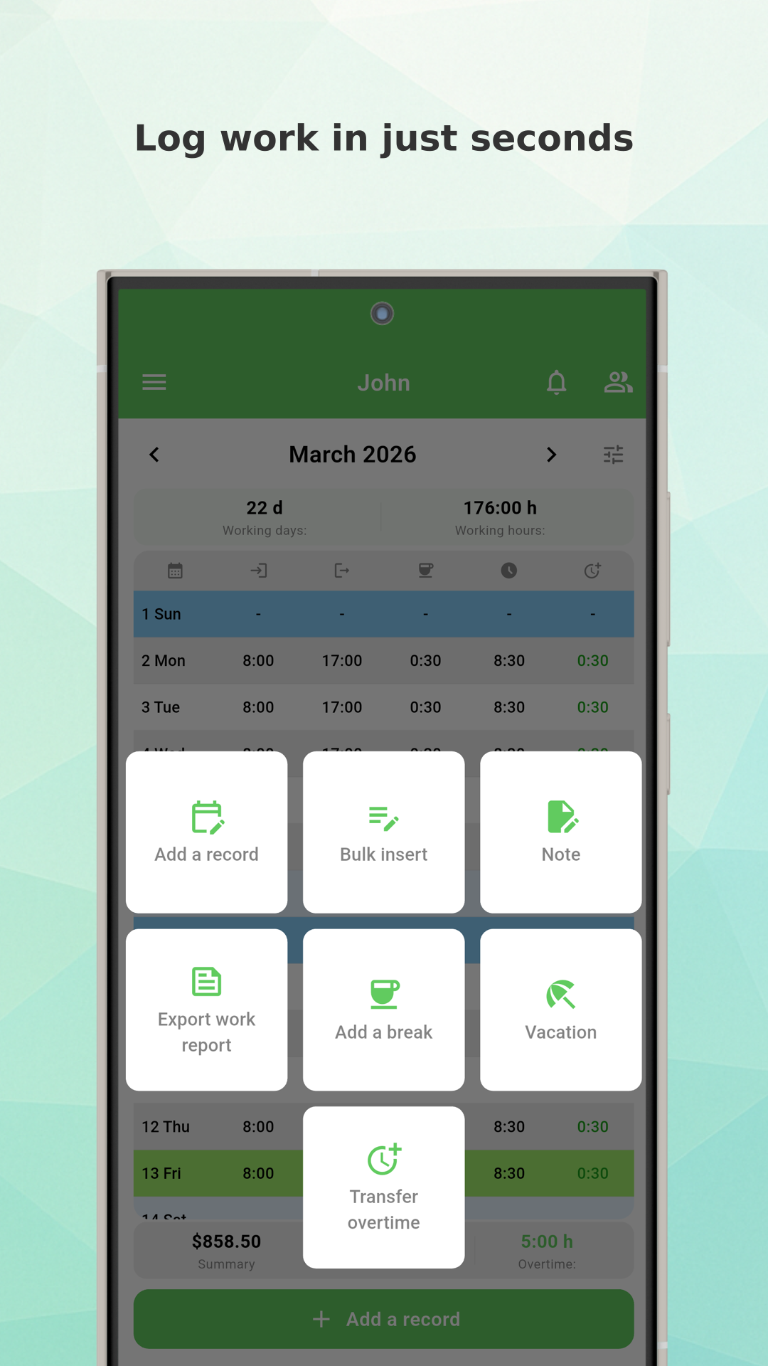 Working Timer app menu