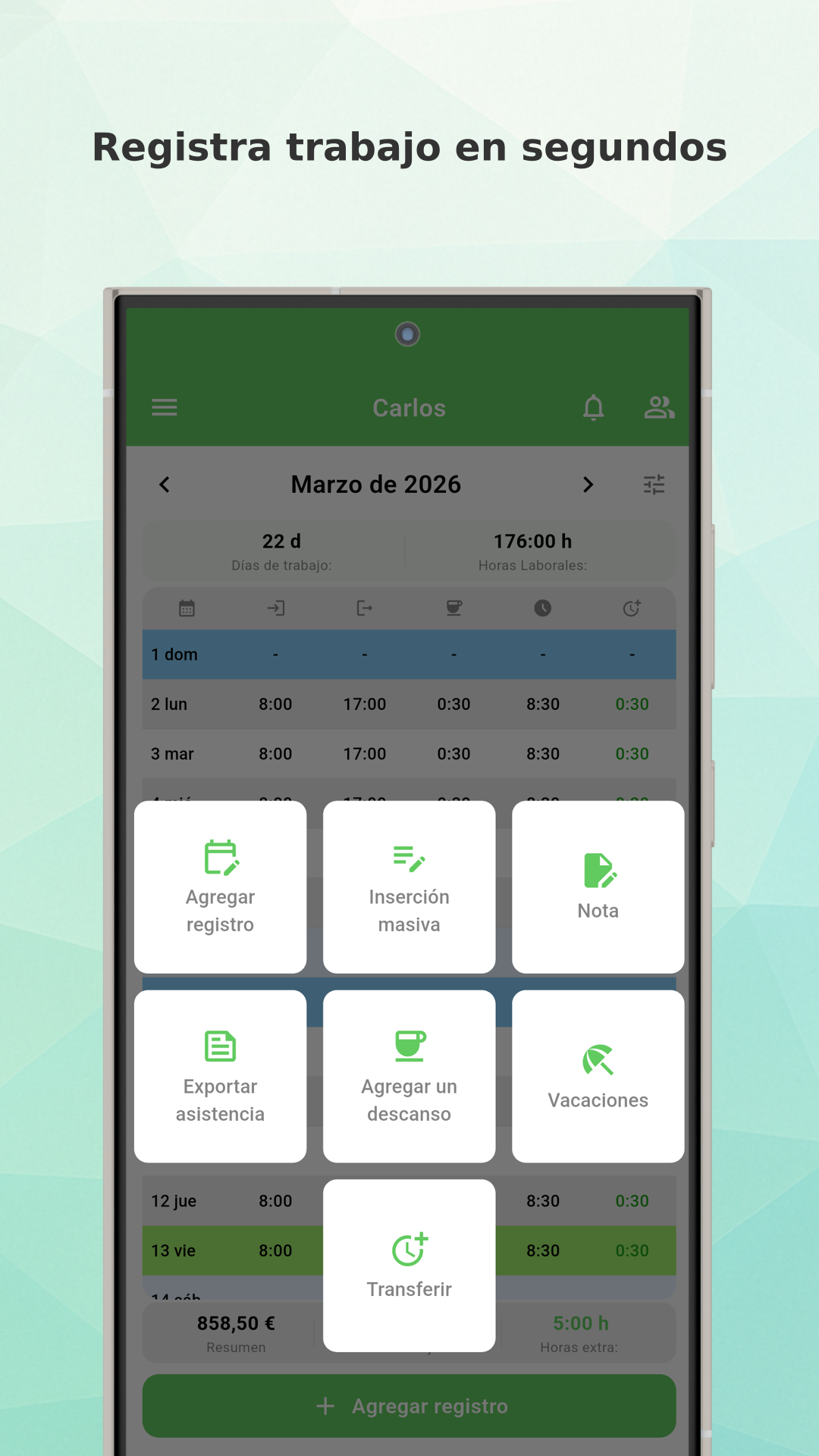 Working Timer app menu