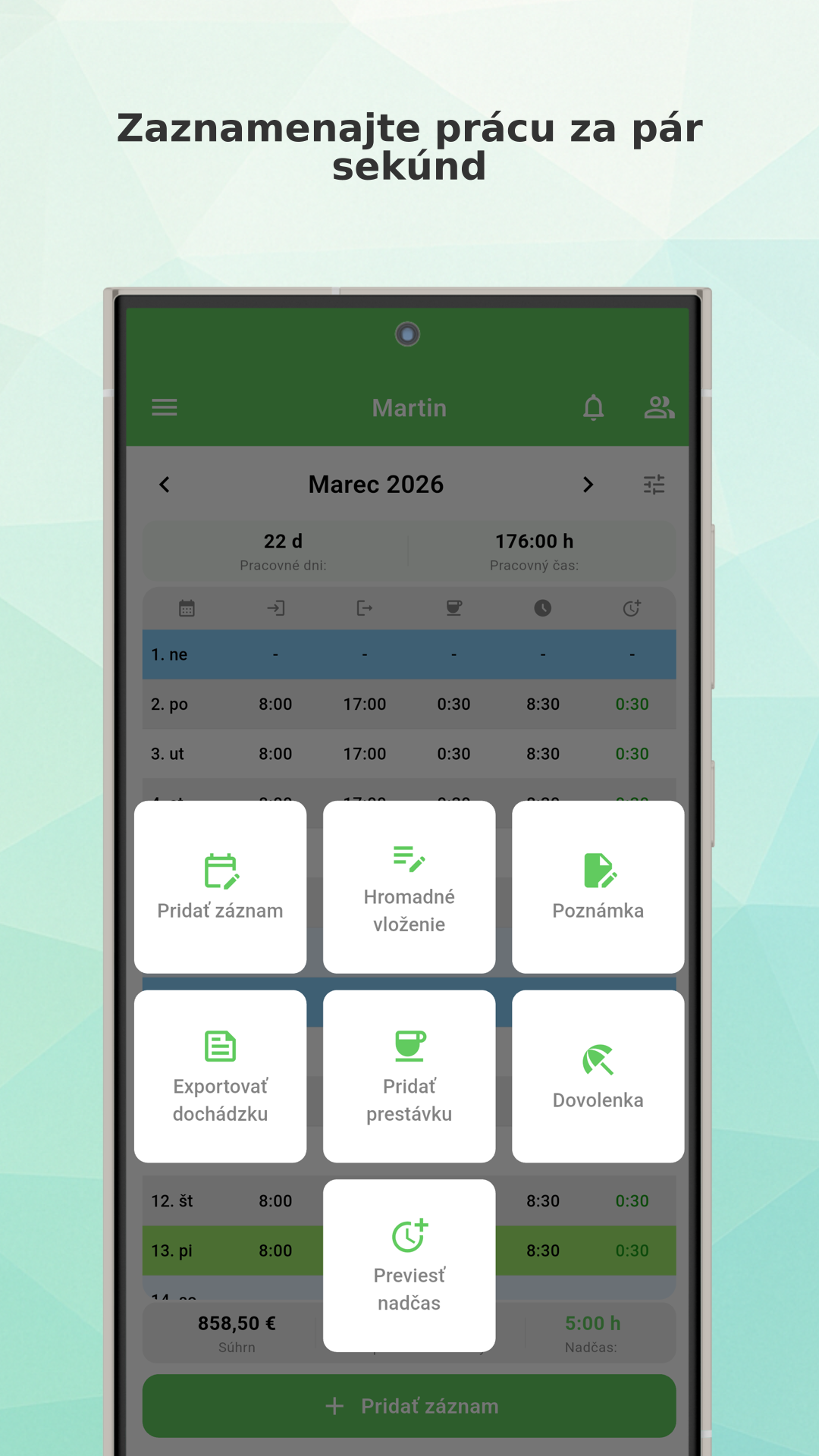 Working Timer app menu
