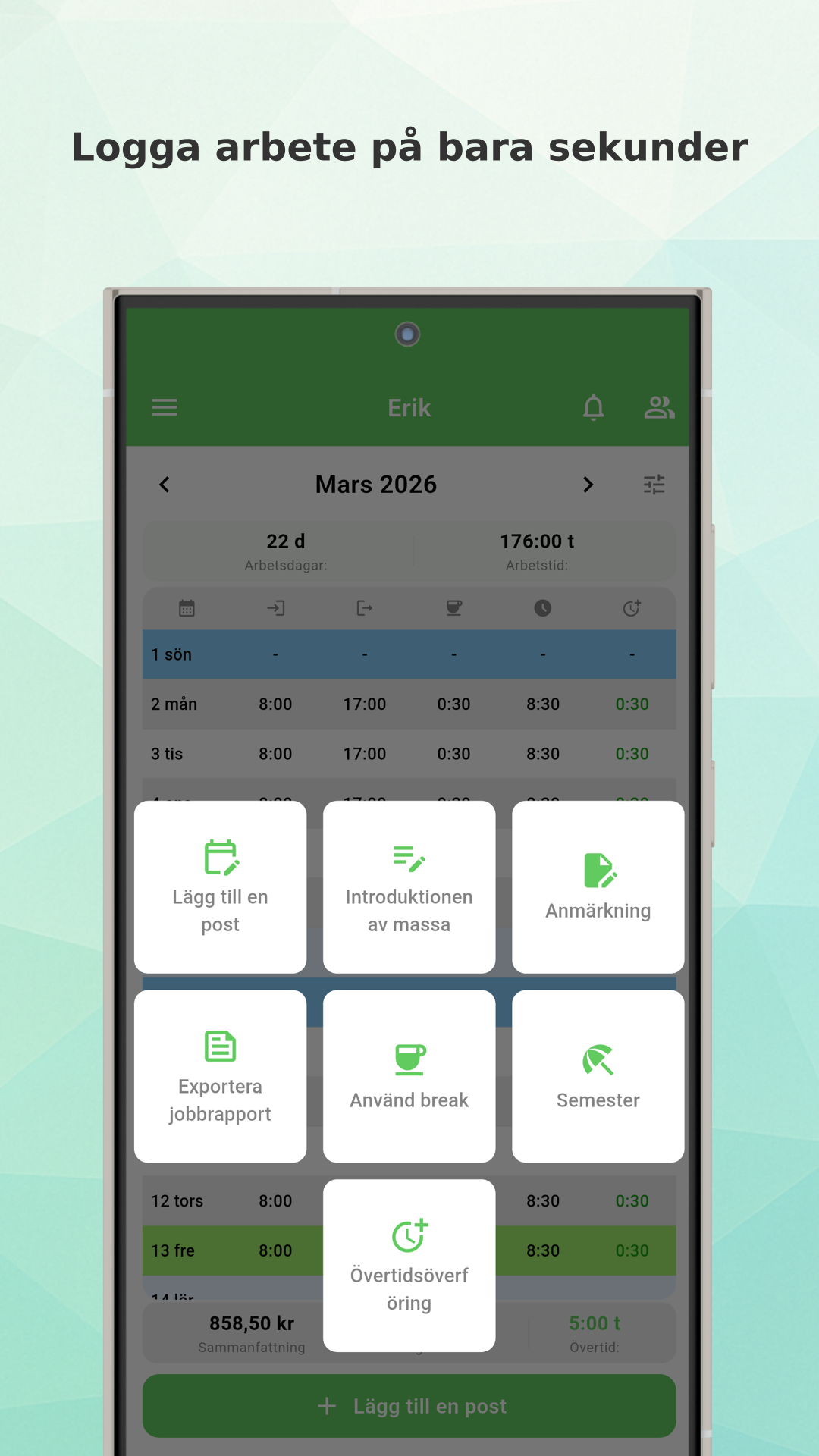 Working Timer app menu